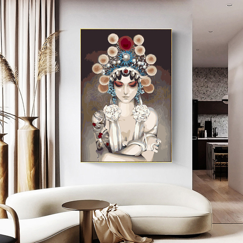 Personality Figure DIY Digital Oil Painting Modern New Chinese Living Room Decoration Painting Peking Opera Opera Flowers Denier Characters Facebook