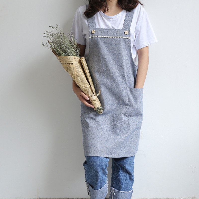 Japanese minimalist literary cotton and linen kitchen home shoulder apron manicure baking flower shop clothes custom LOGO