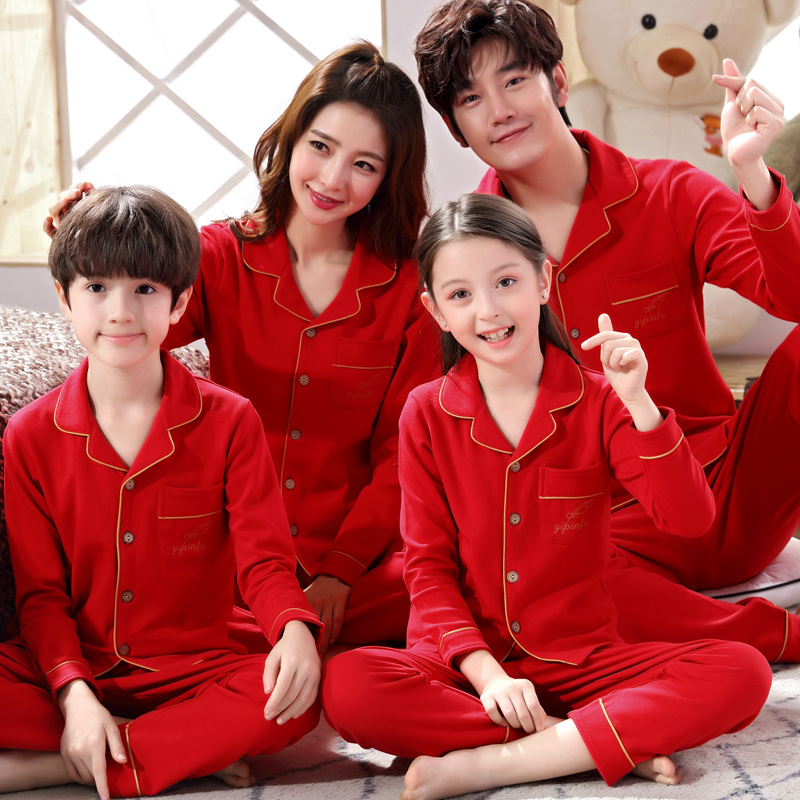Parent-child pajamas girls pure cotton long sleeves spring and autumn mother and daughter wear in the big children's cotton red festive children's home clothes