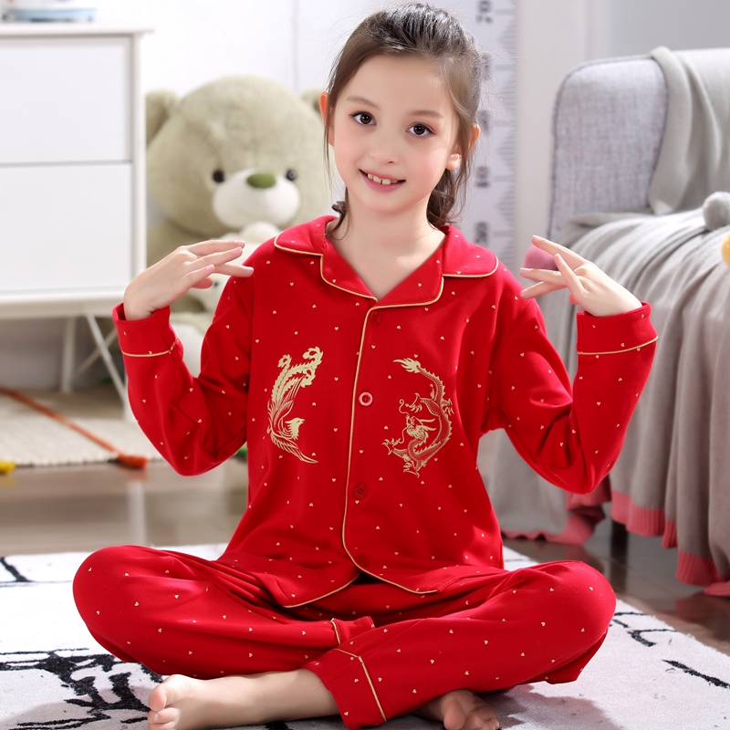 Children's pajamas girl spring and autumn pure cotton children's pajamas big red girl's home dress in the childhood suit