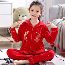 Childrens pajamas girls Spring and Autumn long sleeves cotton childrens pajamas red festive girls home clothes