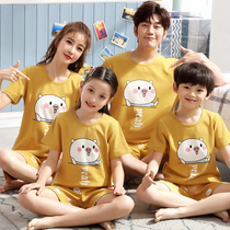 Parent-child pajamas summer short-sleeved cotton family three mother and daughter cartoon cute middle school childrens home clothing childrens suit