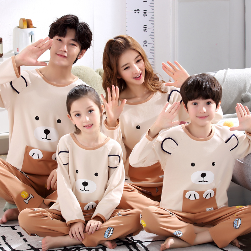 Spring Fall parent-child sleepwear family of three long sleeves pure cotton girl pyjamas CUHK Boy Boy Home Suit Suit Thin