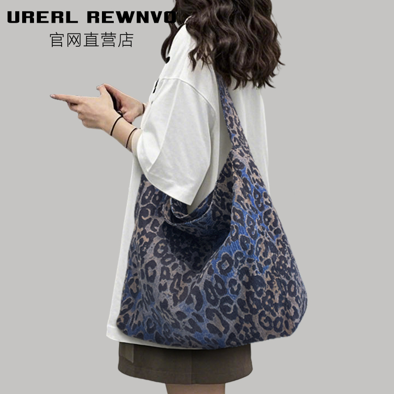 Urerl Rewnvo Leopard Print Denim Tote Bag for Women 2026 New Commuter Large Capacity Single Shoulder Canvas Tote Bag