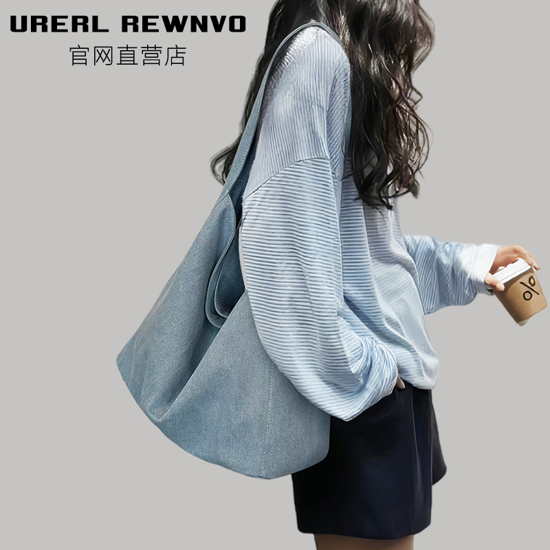 Urerl Rewnvo Denim Tote Bag for Women 2025 New Retro Shoulder Bag Commuter Large Capacity Tote Bag