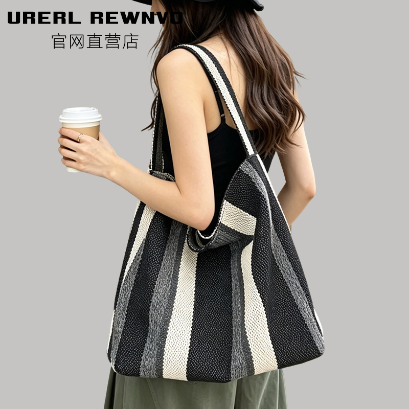 Urerl Rewnvo Striped Canvas Tote Bag for Women 2026 New Commuter Large-Capacity Wide-Shoulder Canvas Shoulder Bag