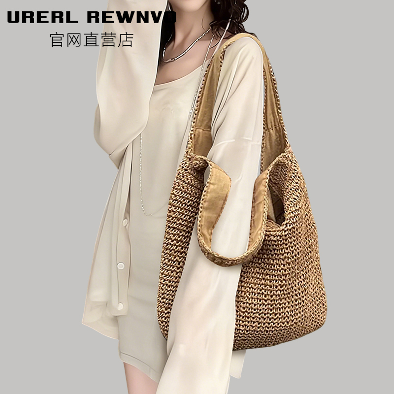 Urerl Rewnvo Straw Woven Bag for Women 2026 New Beach Woven Bag Large Capacity Straw Woven Shoulder Tote Bag