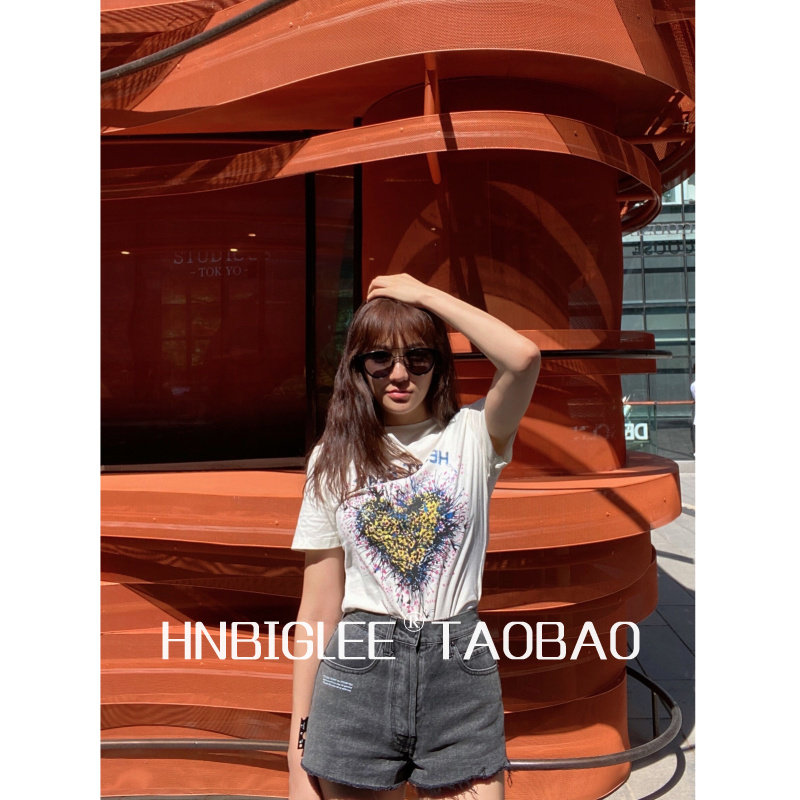 HNBIGLEE hand-painted slogan full of small love printing summer light linen cotton short-sleeved T-shirt special~