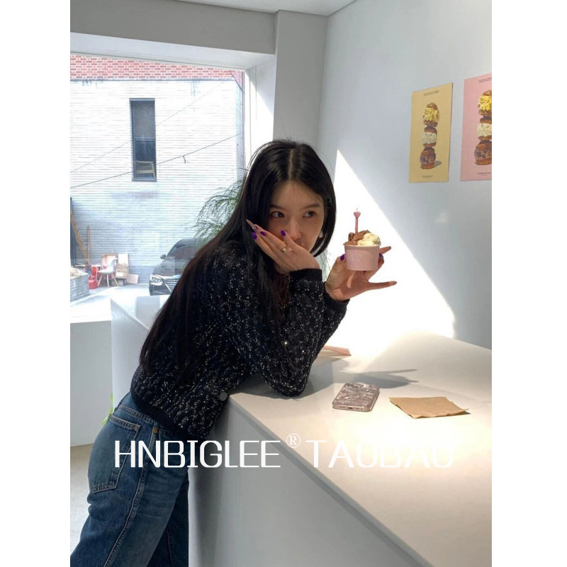 HNBIGLEE super flashing sea of ​​stars, beads, mixed yarn, rhombus thick sweater, dot drill button jacket