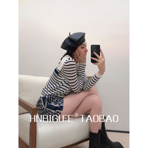  HNBIGLEE age-reducing artifact~Striped contrast color silk cotton long-sleeved knitted top Navy lapel sailor shirt