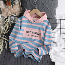 2021 Spring dress new childrens sweater hoodie casual coat childrens dress stripes Korean long sleeve base shirt tide boy