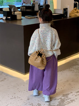 Girl wide leg trousers foreign air 2023 autumn clothes new childrens baby baby Han version pure color purple long pants