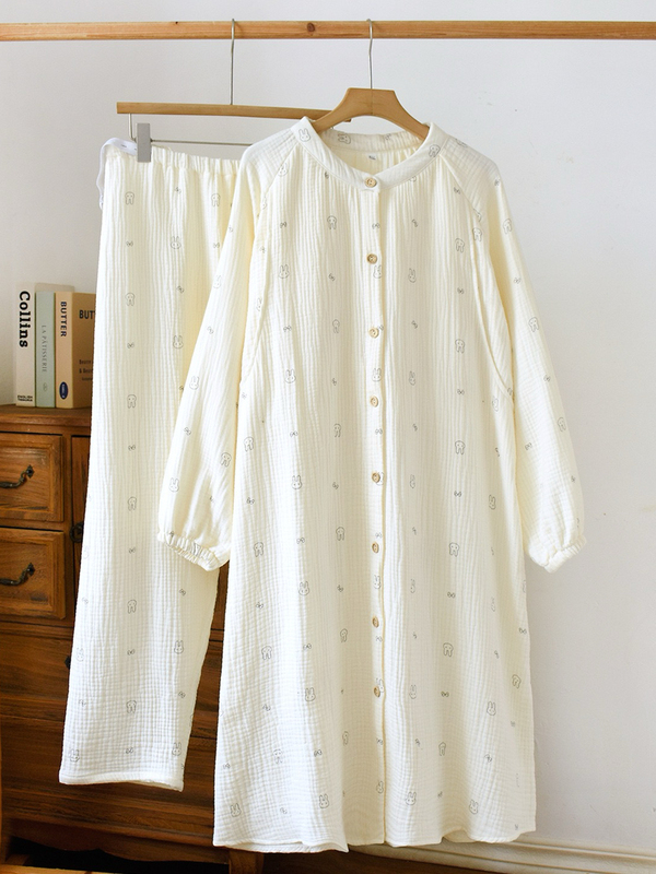 Autumn and Winter Four-Layer Pure Cotton Gauze Maternity Dress Set, Class a Maternity Nightgown with Nursing Opening, Can Be Worn Throughout Pregnancy and Nursing