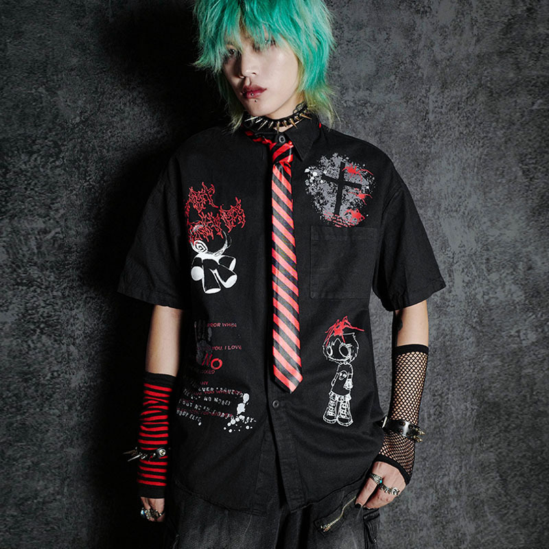 Don'T Mess Around Bizzcut/Dimensional Emo/Subculture Top Dark Anime Short-Sleeve Shirt Black Shirt for Men and Women