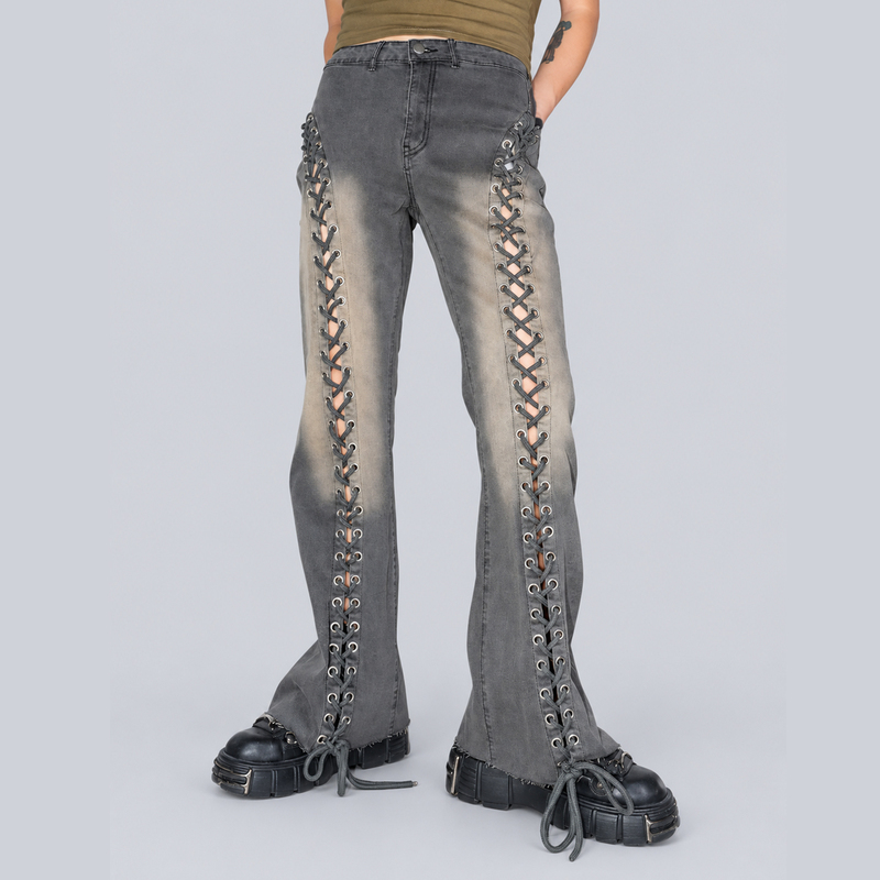 Bizzcut/Cross-Binding/Rock Band Subculture Jeans High-Waisted Long Pants Distressed Slimming Flared Pants Bizzcut/Cross-Binding/Rock Band Subculture Jeans High-Waisted Long Pants Distressed Slimming Flared Pants