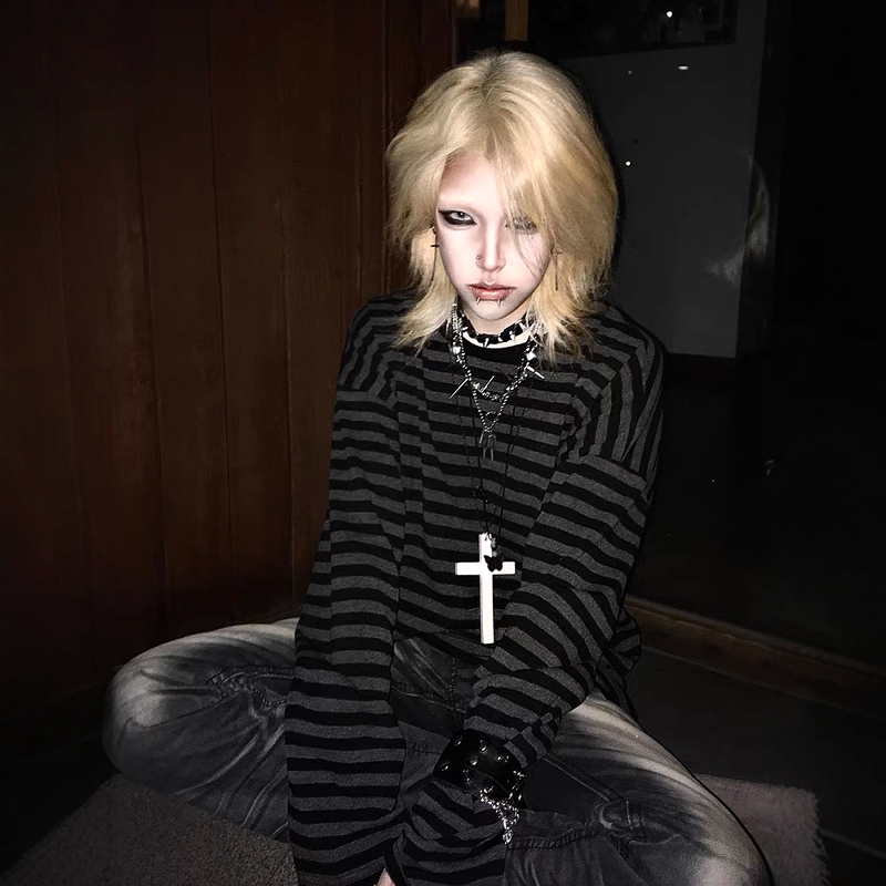 Don'T Be a Rebel/Emo/Gothic Subculture Top, Loose-Fitting, Drop-Shoulder, Black and Gray Striped Long-Sleeve T-Shirt Don'T Be a Rebel/Emo/Gothic Subculture Top, Loose-Fitting, Drop-Shoulder, Black and Gray Striped Long-Sleeve T-Shirt