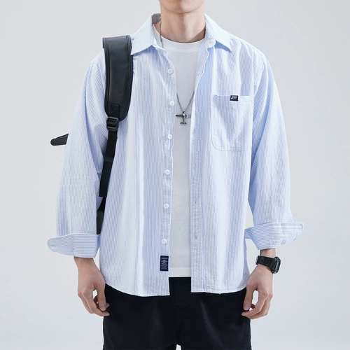 Демисезонная японская хлопковая синяя рубашка, изысканный стиль