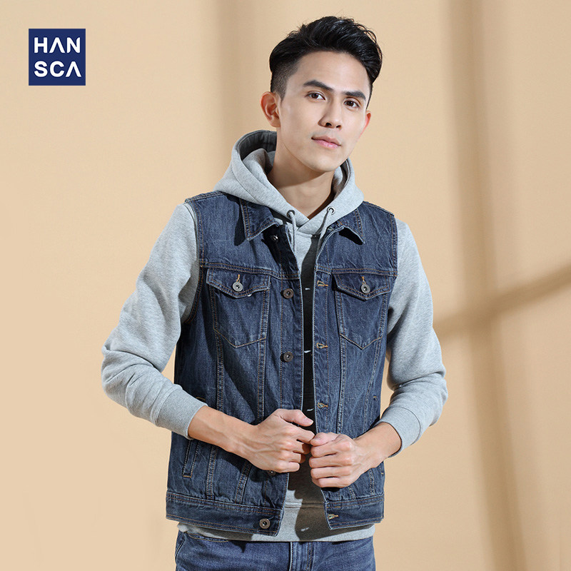Hanska Spring Autumn Season Pure Cotton Denim Horse Chia Men's Sleeveless Jacket Vests Kan Shoulder 100 Hitch Casual Horse Pinch Tide