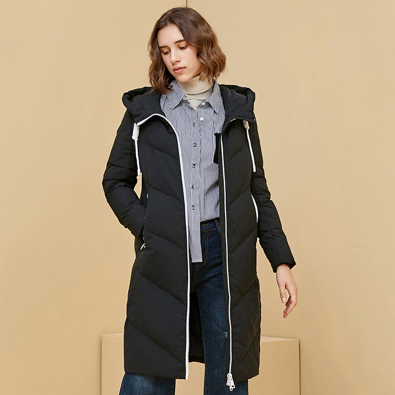 暖频道2019年秋冬新品连帽加厚中长款羽绒服女修身韩版爆款白鸭绒