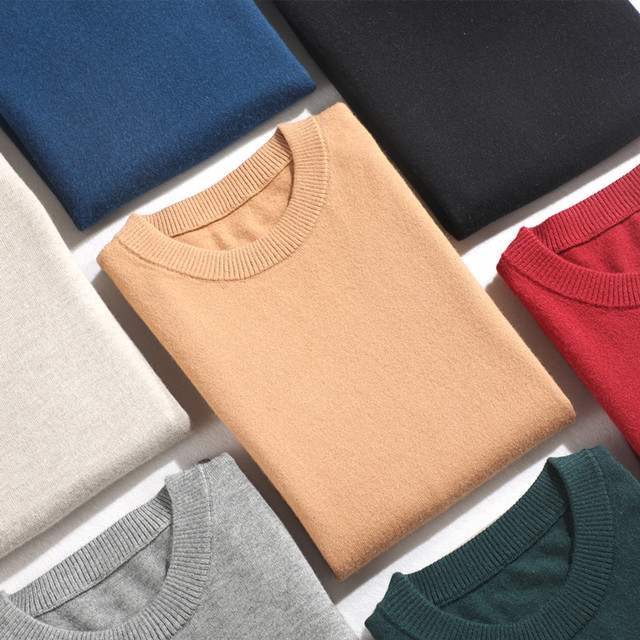 Men's wool sweater autumn and winter thin round neck pullover solid color loose knit sweater long sleeve large size base layer