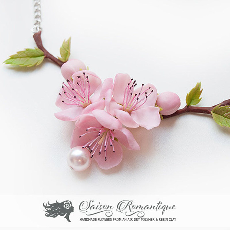 Russian Antonina original handmade -- flowers married -- sweet and pink cherry blossar earthen necklace handmade necklace