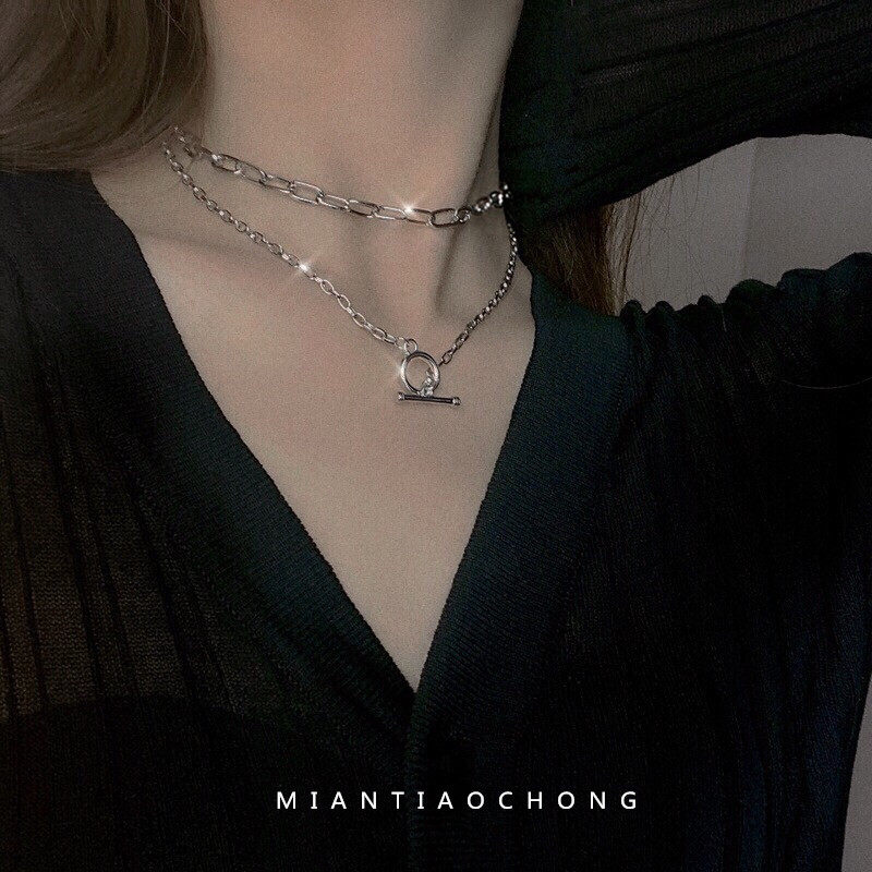 Cold wind t buckle double chain net red temperament trend street necklace Geometric round clavicle chain necklace for women