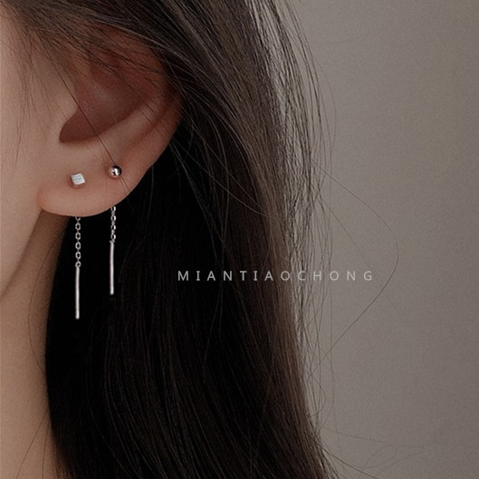 Cotton sliver s925 sterling silver ear wire female Japanese and Korean style simple bean bean light bead frosted square earrings ear chain earrings