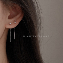 Cotton sliver worm s925 sterling silver ear thread female Japanese Korean style simple bean bead frosted square earrings ear chain earrings