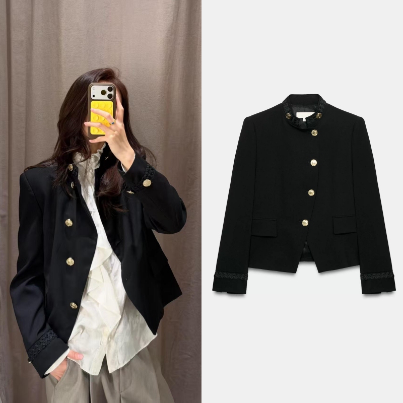 Za's 2026 Autumn New Style Black Blazer with Decorative Straps, High Collar, Shoulder Pads, Double-Breasted, Slim-Fit Women's Jacket 7984515