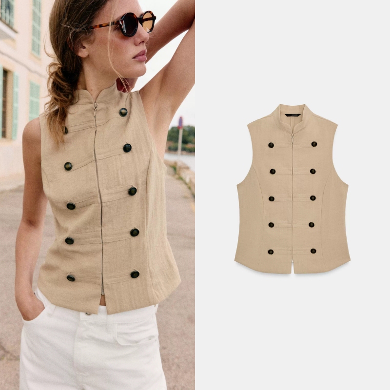 Za Brand 2026 Summer New High-Neck Sleeveless Solid Color Casual Button Napoleon Vest for Women 7969223