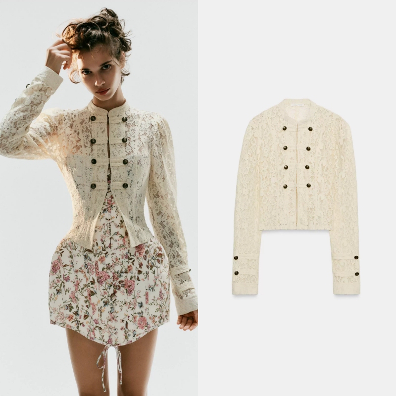 Za Home 2026 Autumn New Women's Long Sleeve Stand Collar Lace Knot Decor Napoleon Short Jacket 5063803 Za Home 2026 Autumn New Women's Long Sleeve Stand Collar Lace Knot Decor Napoleon Short Jacket 5063803