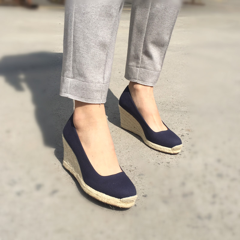 European and American Wedge Espadrilles for Women, Round Toe Slip-On Slip-Ons, Lazy Shoes, High-Heeled Hemp Rope Straw Casual Large Size Women's Shoes