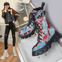 Printed Martin boots female 2021 Autumn Winter New leather thick-bottom boots lace-up casual slope heel color tie tie tie tie wild boots