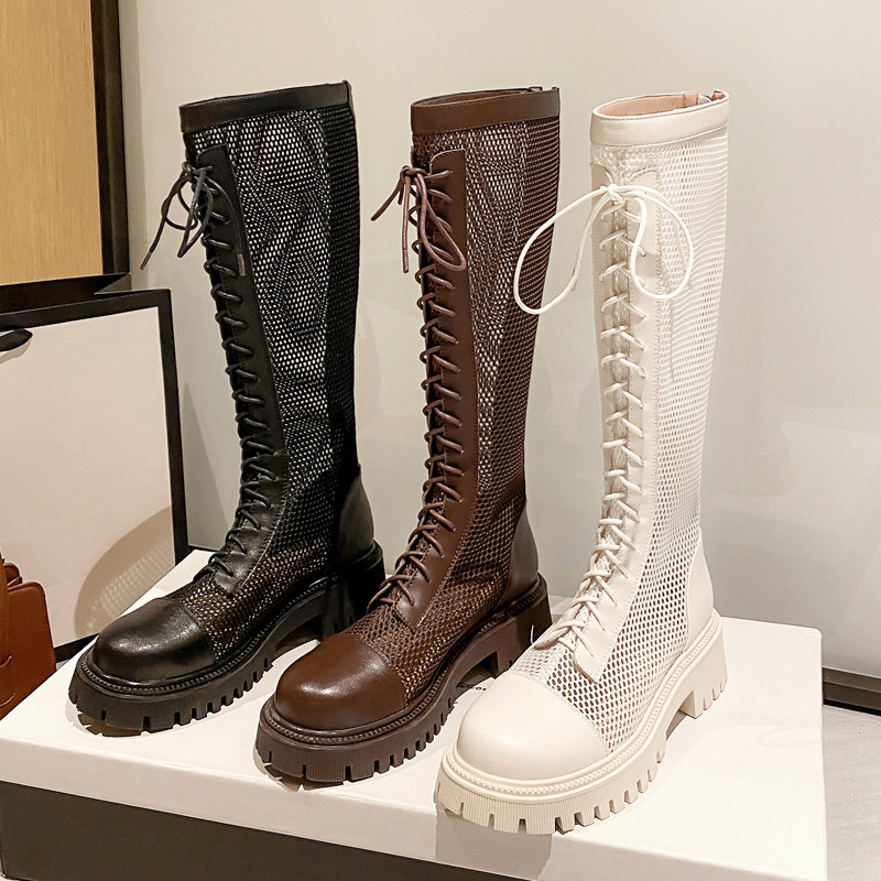 White long cylinder boot female thin section Summer thick bottom genuine leather Long boot Cavaliers breathable mesh boots web yarn hollowed-out high cylinder cool boots