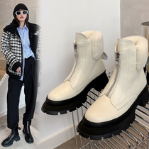 Leather front zipper wool snow boots female thick-soled white flat boots cake bottom short boots thick warm Martin boots
