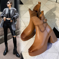 European station high heel Knight boots female 2021 autumn and winter leather thick heel boots Joker vintage color muffin boots