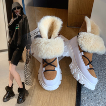 Leather hair one snow boots women plus velvet thickened 2021 winter warm bread shoes leather cake bottom boots tide