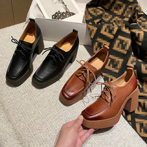 Shoes female 2021 spring new thick leather leather Joker single shoes waterproof table retro English lace-up high heels