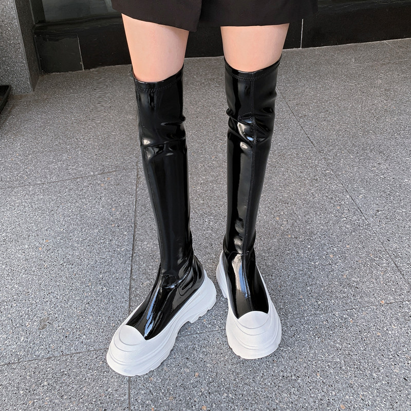 2022 Autumn Winter New Thick Bottom Over Knee Long Boots Virgin Lacquer Leather Pine Pastry High Cylinder Boots Long Barrel Slim Leg Rider Elastic Boots