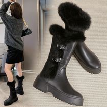 Leather womens boots middle boots wool shoes womens shoes plus velvet warm big cotton shoes short boots snow boots tide