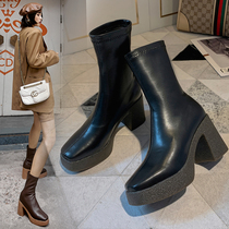 Boots womens autumn and winter 2021 New thick heel elastic boots female sw short boots square head high heel single boots Net red thin boots