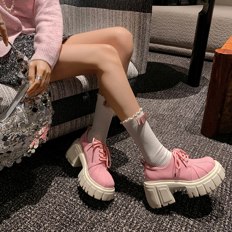 Thick-Soled Pink Lace-Up Leather Shoes for Women 2026 New Style Petite High-Heeled Shoes Height-Increasing Genuine Leather Lace-Up Platform Shoes
