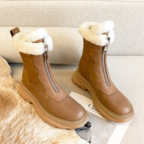 Thickened front zipper Martin boots female 2021 Winter leather snow boots big cotton short boots thick bottom muffin wool wool boots