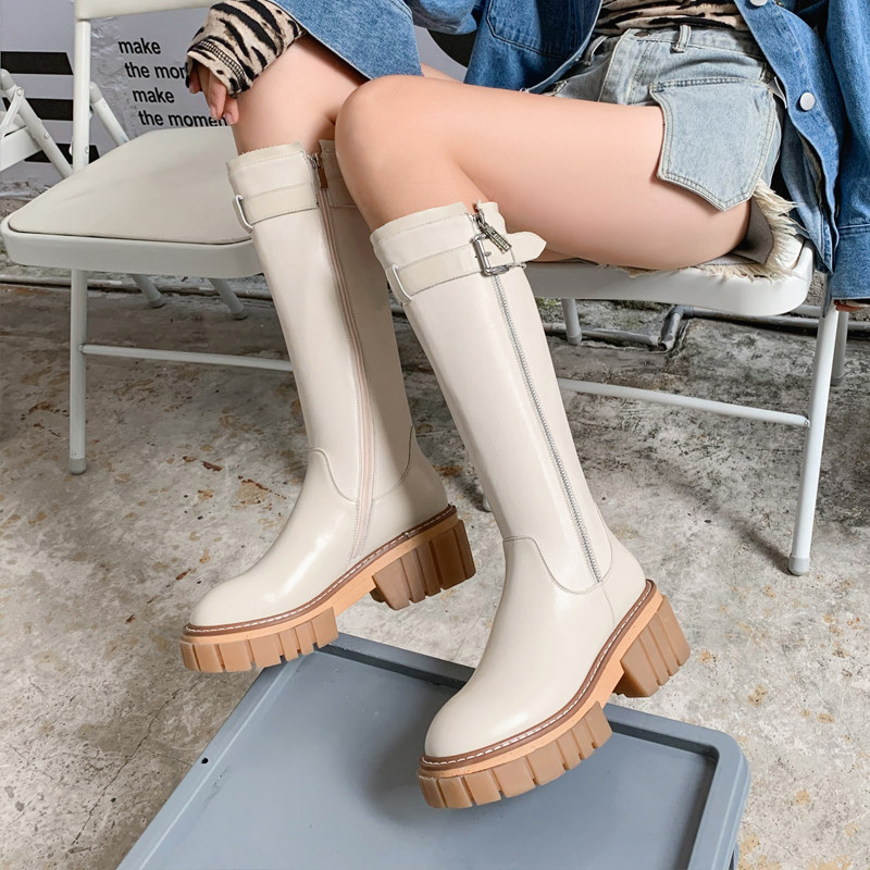 However kneecap heel high cylinder boots woman 2022 autumn winter new genuine leather double pull chain thick bottom riding boots small sub-long boots