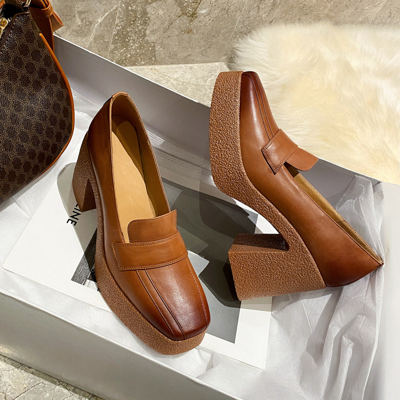 Shallow Mouth Single Shoe Woman Coarse Heel 2022 Spring New Square Head Genuine Leather Retro High Heel Shoes Waterproof Table 100 Hitch Shoes