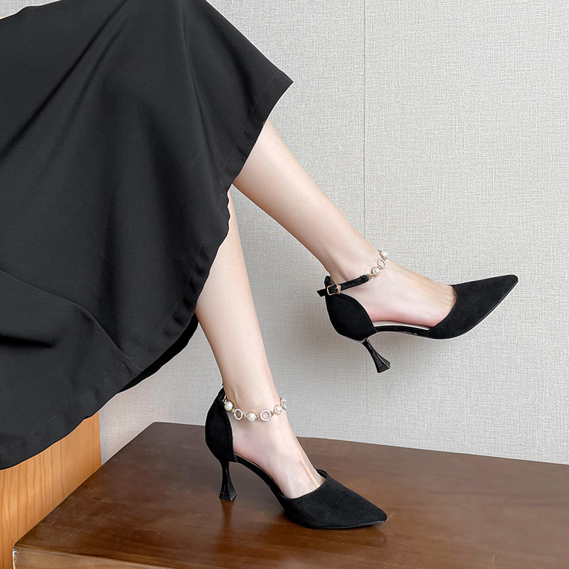 French-Style Niche High-Heeled Shoes for Women with Skirts, Summer Pearl Stiletto Heels, Sexy, Elegant, Ladylike, Graduation, Black Low Heels