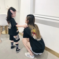 2021 summer new family three foreign-style cotton T-shirt parent-child short-sleeved childrens shorts Japanese breathable tide