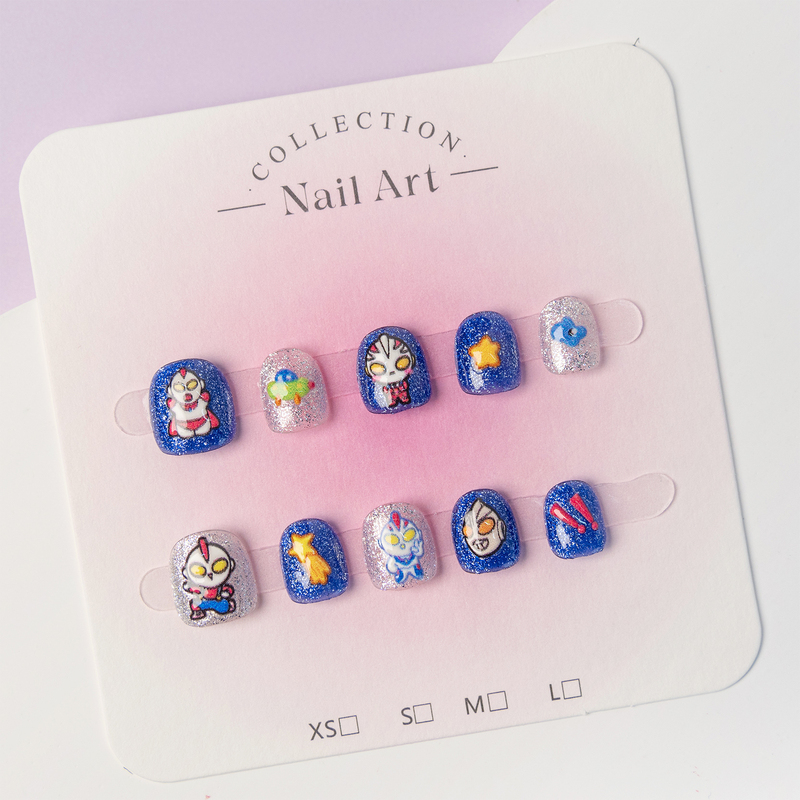 Purely Handmade Children's Wearable Nails Baby Blue Ultraman Nail Stickers for Kids Boys Students Cartoon Nail Pieces