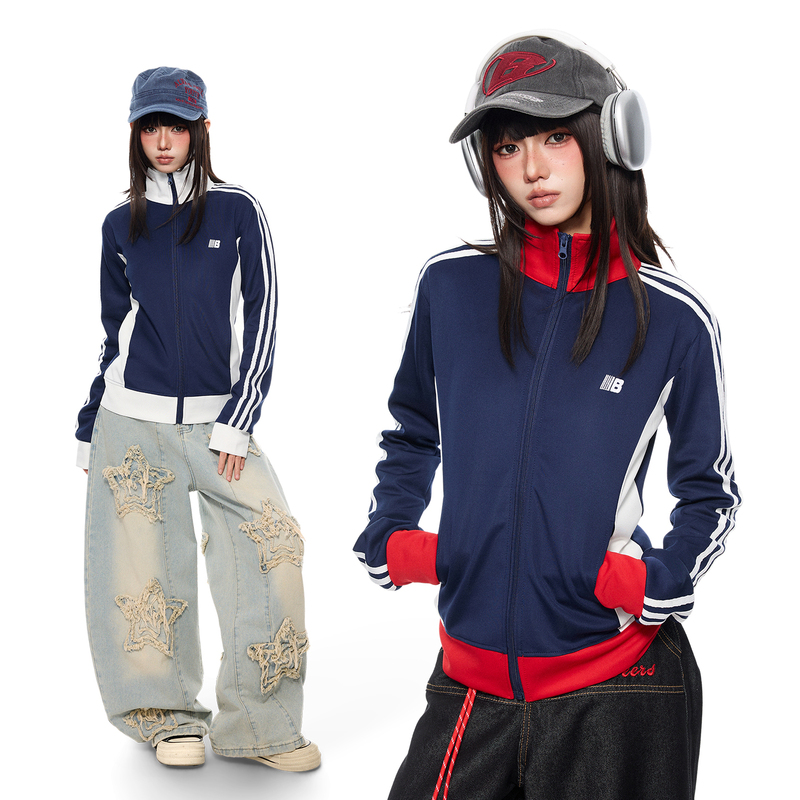 K787 Sporty Striped American Retro Stand Collar Color-Block Sweatshirt Women's Short Zipper Top Patchwork Jacket Trendy K787 Sporty Striped American Retro Stand Collar Color-Block Sweatshirt Women's Short Zipper Top Patchwork Jacket Trendy