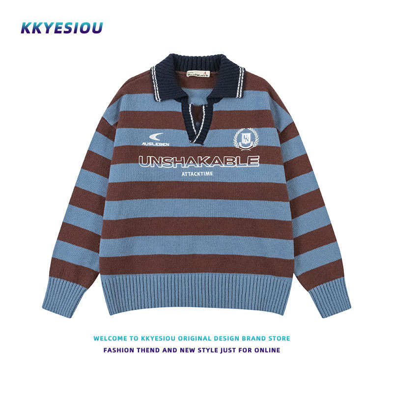 Kkyesiou American Retro Striped Stand-Up Collar Striped Lapel Knitted Sweatshirt Unisex Oversize Couple Sweater